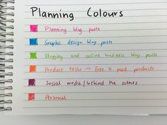 a notepad with writing on it that says planning colours