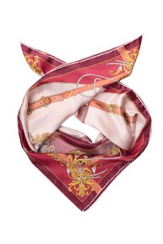 Printed on luxurious silk satin, this scarf features a charming design of pocket watches and jeweled belts, symbolizing the delicate balance of time and style. The intricate details and rich colors make this foulard a standout accessory, perfect for adding a touch of sophistication and playful charm to your wardrobe. Classic foulard size: Approx. 35" x 35". Once made famous by the likes of Audrey Hepburn, Sophia Loren and Grace Kelly, a foulard will always add a touch of elegance to your look. H Elegant Silk Square Scarves, Luxury Rectangular Scarves, Luxury Silk Scarf For Formal Occasions, Luxury Square Silk Scarf For Formal Events, Luxury Square Silk Scarf For Formal Occasions, Luxury Rectangular Silk Scarf For Formal Occasions, Designer Pink Silk Scarf, Chic Square Silk Scarf For Formal Occasions, Formal Chic Square Silk Scarf