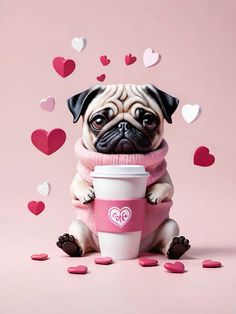 a pug dog in a pink sweater holding a coffee cup with hearts floating around