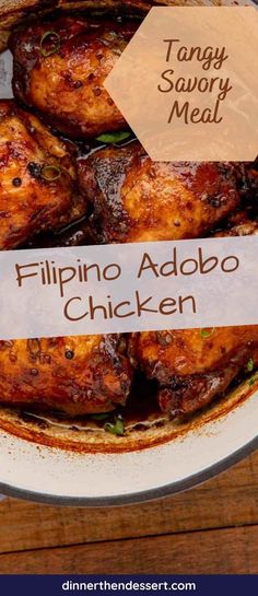 a close up of a plate of food on a table with the words flipping addo chicken