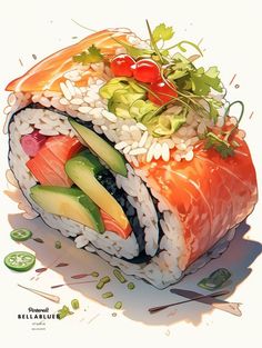 a sushi with rice, cucumber and tomatoes