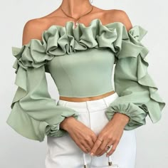 Green Ruffled Party Top, Elegant Off-shoulder Blouse For Spring, Elegant Off-shoulder Spring Blouse, Chic Green Off-shoulder Blouse, Chic Green Off-shoulder Top, Feminine Spring Party Blouse, Chic Tops For Spring Brunch, Spring Party Tops Off-shoulder, Chic Spring Party Blouse