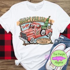 **All shirts are made to order. The Purple Alligator does not accept returns unless there was a mistake on our part. Vintage Christmas Shirt, Farm Fresh Christmas Trees, Vintage Red Truck, Fresh Christmas Trees, Vintage Tree, Christmas Truck, Vintage Truck, Vintage Christmas Tree, Screen Printing Designs