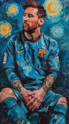 a painting of a man with tattoos sitting in front of a starry night sky