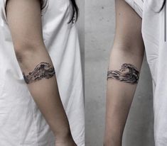 two pictures of people with tattoos on their arms and legs, one showing the same wave