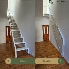 two pictures of stairs in an empty room with open doors and closed ones on either side