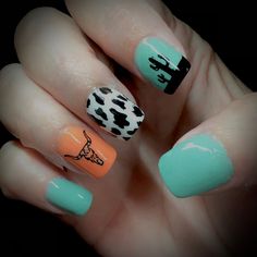 April Inspo Nails, Teal And Sunflower Nails, South Western Nail Designs, Cow Print And Cactus Nails, Highlander Cow Nails, 4th Of July Nails Western, Nails For Texas Trip, Nail Designs Western Cowgirl, Western Cow Nails