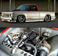 two pictures of a silver truck with an engine