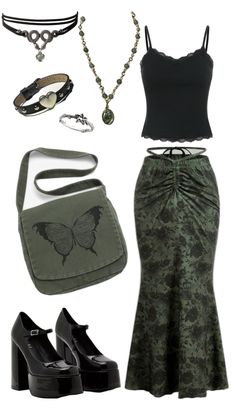 Green Whimsigoth Outfit Witchcore Aesthetic Outfits, Green Whimsigoth, Goth Fashion Men, Green Goth, Goth Outfit Inspo, Goth Fashion, Retro Outfits, Grunge Fashion