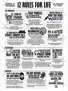 the 12 rules for life poster is shown in black and white, with text on it