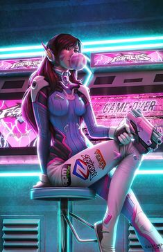 a woman sitting on top of a stool in front of a neon sign and holding a bottle