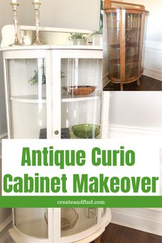 antique curio cabinet makeover with text overlay