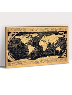 a wooden box with an image of the world on it's side, in black and