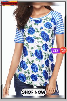 Bestdealfriday Casual Plus Size Round Neck Printed Tee Shirts Tops 7964608 Raglan Sleeve Pattern, Women's Outfits By Occasions, Tee Shirt Print, Floral Stripe, Unique Designers, Online Tops, Cut Shirts, Sleeves Pattern, Striped Tee