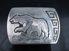 "Vintage Hopi Overlay Sterling Belt Buckle with bear. Very nice quality handmade, unmarked vintage piece. 3\" x 2 1/8\" x 1.5\" belt loop x 50.5 grams. Unmarked tested sterling." Austin Tx, Belt Buckle, Belt Buckles, Buckle, Etsy Uk, Silver