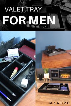 an assortment of men's personal care items on a table with the title valet tray for men