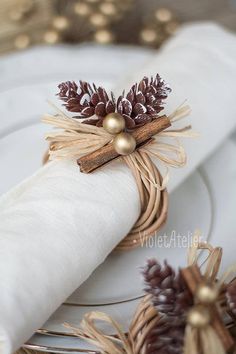 the napkin is wrapped in twine and has pine cones on it, along with other decorations