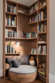 a living room with bookshelves, couch and stuffed animals on the shelfs