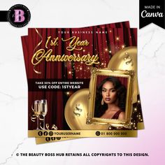 a flyer for an anniversary party with a woman in a gold frame and red curtains