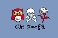 two owls and a skull on a blue background with the word chionega written in black