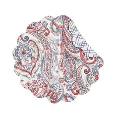 a white and red paisley print napkin on top of a white tablecloth with blue, pink