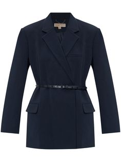 navy blue crepe texture double-breasted button fastening notched lapels shoulder pads chest welt pocket belted waist front flap pockets long sleeves straight hem Crepe Blazer, Blazer Blue, Yoko London, Office Attire, Business Professional, Blazer Outfits, Exclusive Fashion, Lady Dior, Outerwear Women