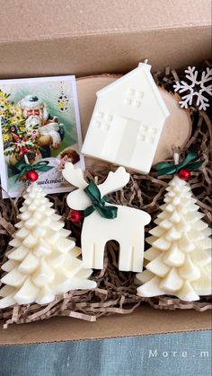 a box filled with christmas cookies and decorations