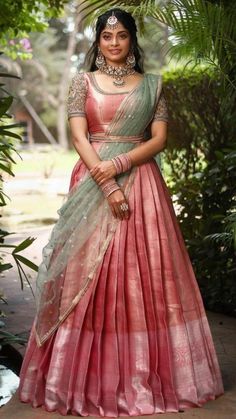 half saree lehenga Half Lehenga Designs, Lehanga Look For Reception, Saree Lehnga Design Ideas, Lehanga Designs South Indian, Lengha Design From Saree, Traditional South Indian Lehangas, Ghagra For Engagement, Half Sari Designs, Silk Blouse Designs For Lehenga