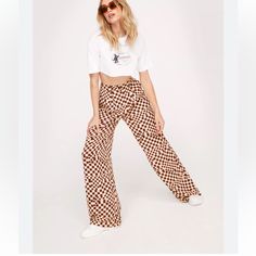 Nwt, Checkered Pants, Never Worn And Are Now Too Big, Super Cute Retro White Pants For Fall, Retro Wide Leg Pants For Loungewear, Retro Wide Leg Loungewear Bottoms, Retro High Waist White Pants, Retro Wide Leg Pants For Day Out, Retro White Trousers, Cutout Pants, Plaid Pants Women, Black Flare Pants