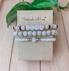 Price is for all 3  Mama bracelet stack Mama Bracelet, Homemade Bracelets, Moms Bracelet, Clay Bracelet, Diy Bracelet Designs, Beads Bracelet Design, Homemade Jewelry, Beaded Bracelets Diy, Bracelets Handmade Beaded