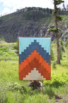 a quilt hanging on a tree stump in a field with mountains in the background,