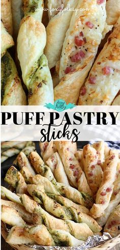 puff pastry sticks with different toppings on them and in a basket next to the words puff pastry sticks