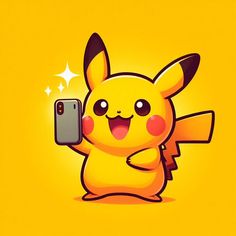 a cartoon pikachu holding up a cell phone