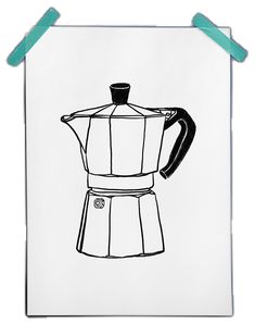 a black and white drawing of a stove top coffee maker on a piece of paper