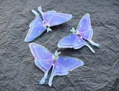 four purple butterflies sitting on top of a piece of paper