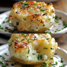 two plates filled with baked potatoes covered in cheese and green onion sprinkles