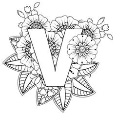 the letter v is surrounded by flowers and leaves in black and white coloring book pages