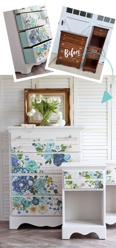 an old dresser is painted with flowers and has been repurposed to make it look new