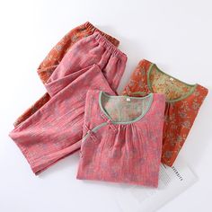 Enhance your relaxation experience with this thoughtfully designed set, crafted from soft and comfortable cotton gauze. Adorned with delightful floral patterns, this versatile ensemble is perfect for lounging both indoors and outdoors, meeting all your leisure needs.Note: Shrinking by 2-3 cm is normal for pure cotton fabrics. Please ensure the size is suitable before placing your order, as it runs small.Product ID: OK7842Care: This pajama is machine washable and dryable. Please wash at a low temperature and avoid bleaching.Materials: Pure CottonSize:Due to different personal measurement methods and positions, the error range of 1-3cm is normal.Recommend Height & Weight:M: 155-165cm & 45-55kgL: 160-170cm & 55-65kgXL: 165-175cm & 65-72.5kgEstimated weight: 400g Comfortable Pink Home Set, Comfortable Home Sets For Spring, Comfortable Summer Home Sets, Comfortable Home Sets For Summer, Multicolor Cotton Lounging Sets, Multicolor Cotton Loungewear Sets, Cotton Matching Set For Relaxation, Comfortable Spring Relaxation Sets, Pink Relaxation Sets For Summer