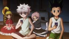 three anime characters are sitting on the floor with their cell phones in front of them