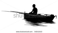 a man sitting in a boat with a fishing rod on the water silhouetted against a white background