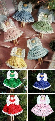 crocheted christmas tree ornaments are displayed in different colors and sizes, including one with an angel on top