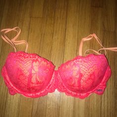 Brand New Without Tags, Never Worn Hot Pink Lace Push Up, Underwire, Double Hook Closure, Adjustable Straps Size 32d Pink Lace Push-up Bra, Pink Lace Bra With Lace Trim, Pink Push-up Bra With Lace Trim, Pink Stretch Lace Bra, 32d Bra, Pink Lace, Orange Pink, Pink Orange, Victoria's Secret Pink