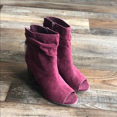 Nwot Breckelle’s Peep Toe Booties - Size 5.5 Side Zipper And Tie Back Tassels (For Looks Only) Color Is Maroon Fitted Open Toe Booties For Fall, Medium Width Suede Open Toe Booties, Medium Width Open Toe Suede Booties, Suede Open Toe Booties Medium Width, Fall Open Toe Booties With Stacked Heel, Peep Toe Booties, Tie Backs, Tie Back, Color Purple