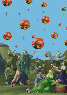 an image of people flying hamburgers in the sky with other objects floating above them