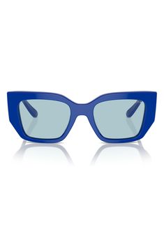 Statement-making frames fitted with UV-protective lenses bring a modern aesthetic to these Italian-made sunglasses with logo-stamped temples. 51mm lens width; 20mm bridge width; 140mm temple length 100% UV protection Acetate Made in Italy Blue Mirrored Lenses Square Frame Sunglasses, Blue Square Frame Sunglasses With Tinted Lenses, Modern Blue Cat Eye Sunglasses With Polarized Lenses, Blue Square Frame Sunglasses With Mirrored Lenses, Modern Blue Cat Eye Sunglasses With Tinted Lenses, Modern Blue Cat Eye Sunglasses With Gradient Lenses, Blue Tinted Sunglasses For Pool, Blue Sunglasses With Uva Protection For Pool, Modern Blue Sunglasses For Pool