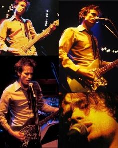 four different shots of the same person playing guitar and singing into microphones while another man plays bass