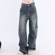 Vintage Wash High Waist Cargo Jeans Aesthetic Bottoms, Indie Skirt, Indie Pants, Grunge Pants, Grunge Shorts, Grunge Jeans, Striped Sleeve, Vintage Casual, Cargo Jeans