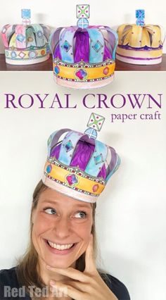 there is a woman wearing a paper crown on her head and smiling at the camera