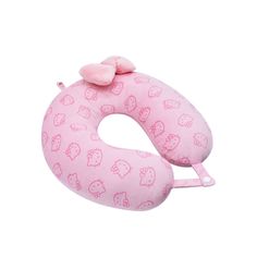 a pink neck pillow with hearts and bows on the front, it is shaped like an inflatable ring